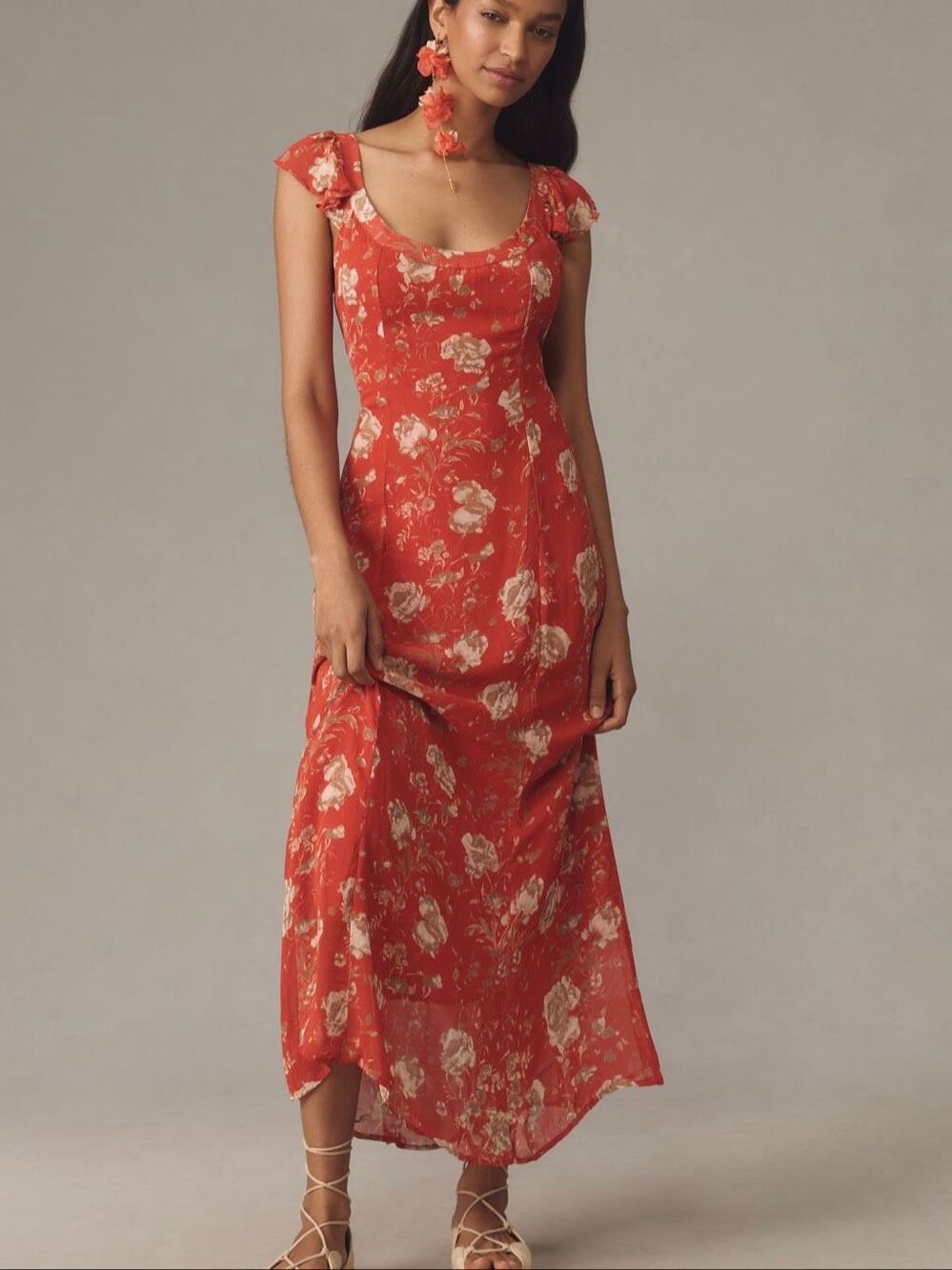 Anthropologie Size 12 Red Floral Ruffle Sleeve Maxi Dress